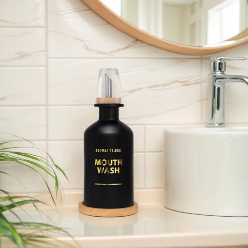 Mouthwash Dispenser for Bathroom 11.8oz – Glass Mouthwash Bottle with Cup & Bamboo Tray, Gold Hot-Stamped Lettering, Silicone Base, Modern Bathroom Accessory (Black)4