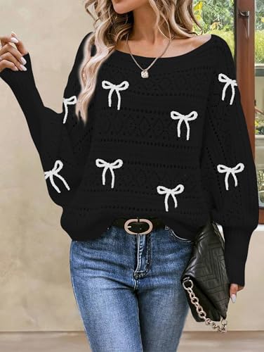 Image of Cakulo Womens Off Shoulder Crochet Sweater Top 2025 Fall Fashion Batwing Long Sleeve Sweaters Outfits Bow Black XL