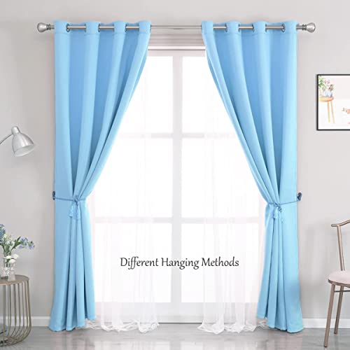 Image of Blue Curtains 90 inch Length 2 Panels Set - Double Layered Blackout Curtain Drapes with White Sheer Voile and Lace Hem for Kids /Girls Bedroom Living Room Nursery (52x90 inch, Sky Blue)