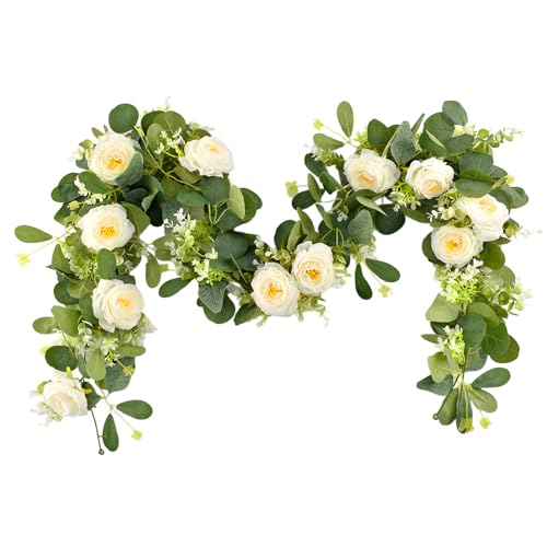 2 Pack 12Ft Artificial Eucalyptus Flower Garland,Flower Garlands with 6 White Roses,Eucalyptus Garland with Flowers Use for Wedding/Table/Backdrop/Arch Birthday Party Indoor Outdoor Decor