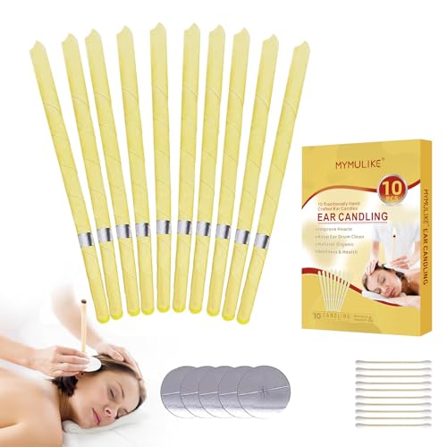 MYMULIKE 10 Pièces Bougie Oreille de Bougie en Cire D'abeille, Organique Naturelle Bougies Pour Ies Oreilles Nettoyer le cérumen, avec 5 Disques de Protection de 10...