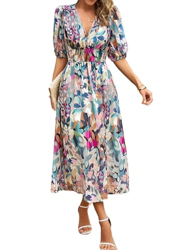 Women's Summer Boho Midi Dress V-Neck Puff Sleeve Flowy Beach Party Dresses Tropical Vacation Cruise Resort Outfits