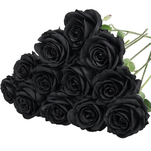 JISRKP 12 Black Artificial Flowers Bouquet Black Roses Artificial Black Flowers for Home Decor Fake Roses for Wedding Centerpieces