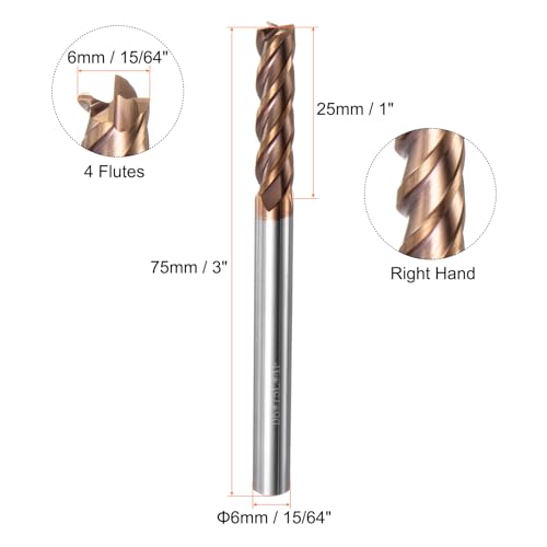 Image of HARFINGTON Carbide Square End Mill 6mm (15 /64 inch) Dia 6mm (15 /64 inch) Shank 75mm (3 inch) Extra Long HRC55 TiSiN Coated Micro-Grain Tungsten Carbide 4 Flutes Milling Bit Cutter