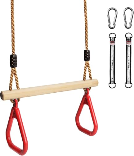 Littleboyny Columpio Infantil multifunción Trapezoidal de Madera con Anillas de plástico para Colgar hasta una Carga de 120 kg Rojo