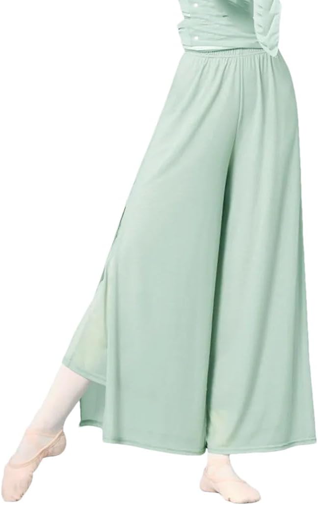 Hgvcfcv Women's Classical Dance Pants Chinese Folk Practice Dance Pants Women's Elastic Waist A-Line Pleated Chiffon Pants