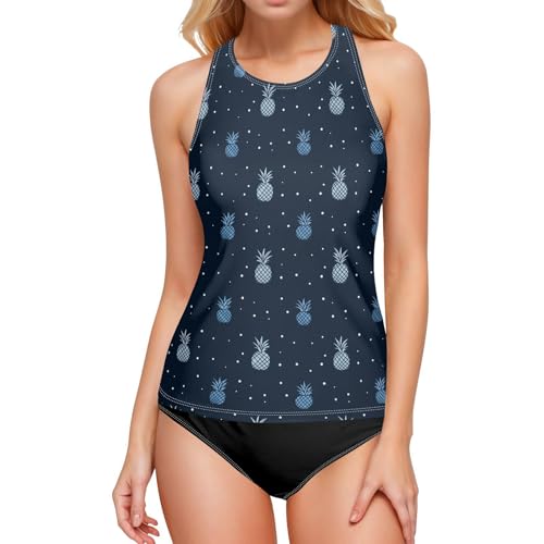 Maillot de bain tankini à pois et ananas bleu foncé pour femme avec contrôle du ventre sans bas