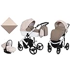 KUNERT Kinderwagen TIARO Sportwagen Babywagen Autositz Babyschale Komplettset Kinder Wagen Set 3 in 1 (Braun mit Creme, Rahmenfarbe: Weiß, 3in1)