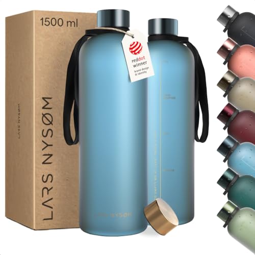 Image of LARS NYSOM Water Bottle 51oz | Drinking Bottle 1.5Liter | Ultralight Tritan Sports Flask leak-proof | Ideal for sports, office, yoga | 2 lids included (Blue /Gold, XL 50.7oz)
