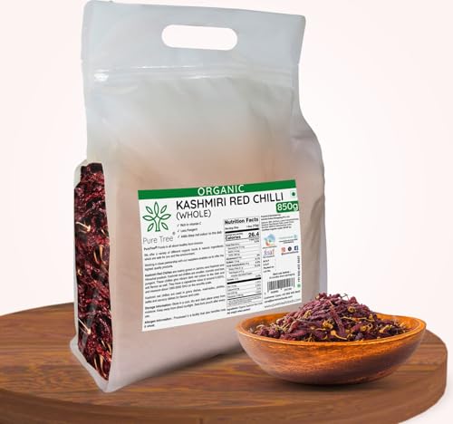 Image of Pure Tree Certified Organic Kashmiri Lal Mirch | 850 g | Red Chilli Whole | Sabut Lal Mirch | Kashmiri Chilli Lal Mirch Whole Strong Smoky Spice | Dry Red Chilli Whole