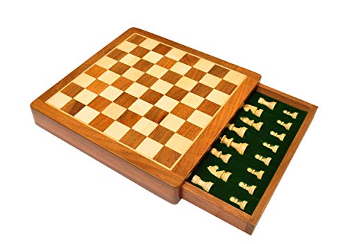 Image of PALM ROYAL HANDICRAFTS 10 Inches Handmade Drawer Wooden Chess Board Set Magnetic Made With Indian Rosewood | Inbuilt Storage Compatment For Chessmen - (10 X 10 Inches) Brown., For Kid