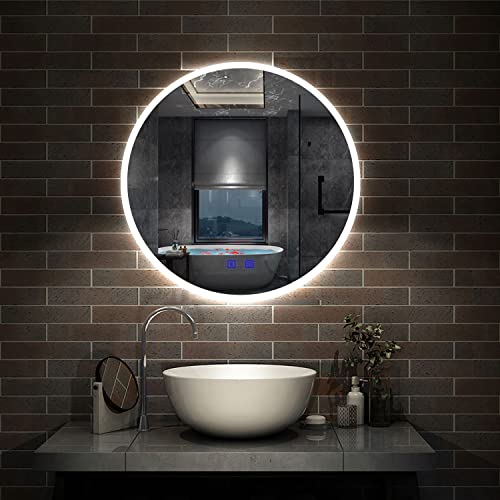 AICA Miroir de Salle de Bain Rond LED 60cm avec Bluetooth + Anti-buée + 3 Couleurs + Dimmable, Mural Miroir Lumineux avec Interrupteur Tactile à capteur Miroir Rond