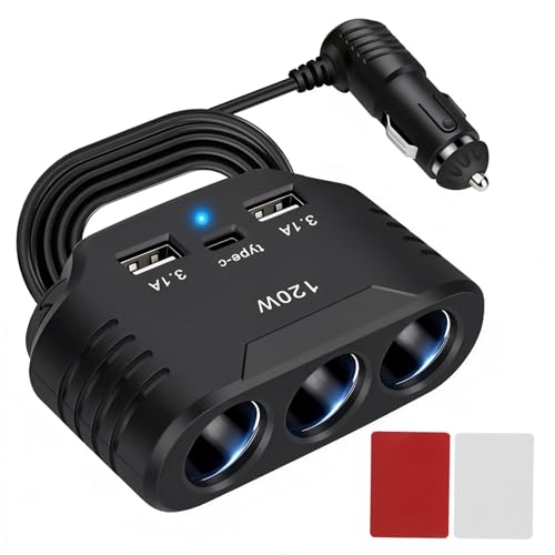 120W Multiprise Allume Cigare 12V/24V avec 3 Prises & Chargeur Voiture USB C + 2 USB, Adaptateur Splitter Voiture avec Interrupteur & LED Voltmètre pour GPS...