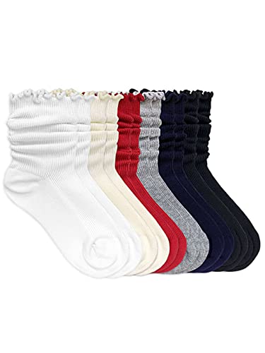 Jefferies Socks Girls Seamless Ruffle Cotton Cuff Crew Slouch School Socks 6 Pair Pack4