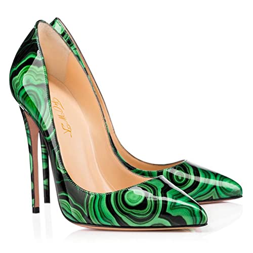 FOWT Women Stylish Super High Heel Green Painting Pattern Pumps Chic Synthetic Patent Leather Shallow Slip on Stilettos Sexy Pointed Toe Dress Evening Prom Shoes, US Size 4-13 M4