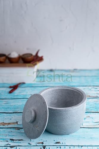 Image of Zishta Soapstone Storage Container with Lid - Medium | Traditional Curd Pot | Naturally Cooling Stone | 0.65-0.75L | Perfect for Setting Curd, Storing Salt, Pickle & Tamarind | 12.7cm