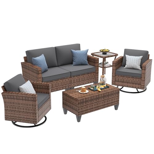 Image of UDPATIO Patio Furniture Set, 5 Pieces Outdoor Furniture Sets with Rocking Swivel Chairs, Wicker Rattan Outdoor Conversation Set with Storage Table and Waterproof Covers for Backyard, Deck, Porch, Grey