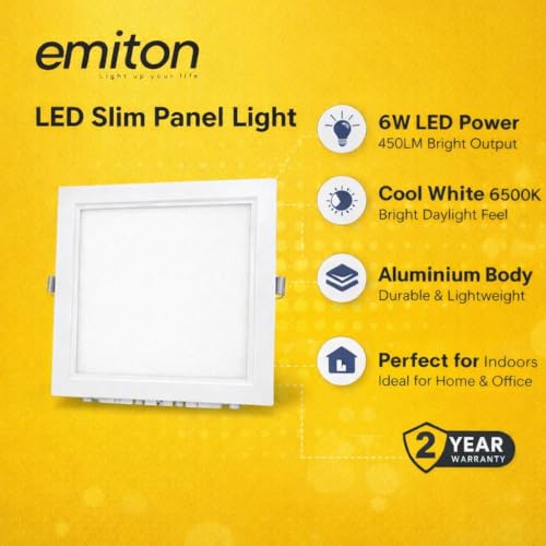 Image of EMITON LED Slim Panel Light | 6W Square Ceiling Panel Lamp | Cool White 6500K | 450Lm LED Output | Aluminium Body | Indoor False Ceiling Light for Home Office Kitchen Bathroom | White