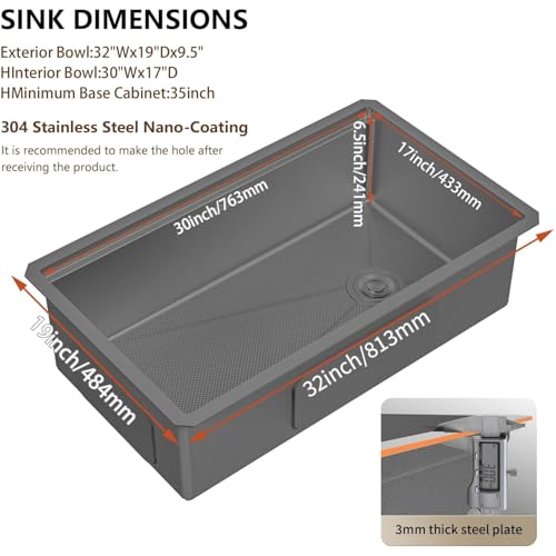Image of 32-Inch Undermount Kitchen Sink, 304 Stainless Steel with Nano Coating, Single Bowl for Workstation, RV, Prep Kitchen, Includes Cutting Board & Roll-Up Dish Rack, and More Accessories (Black)