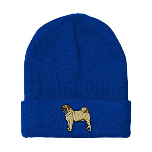 Speedy Pros Beanies for Men Pug Dog A Embroidery Dogs Pug Winter Hats for Women Acrylic Skull Cap 1 Size Royal Blue Design Only