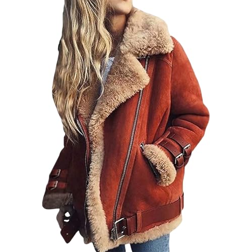 Kubbon Women Faux Fur Jacket Oversized Lapel Fleece Lined Sherpa Biker Moto Coats Casual Long Sleeve Faux Suede Outwear2