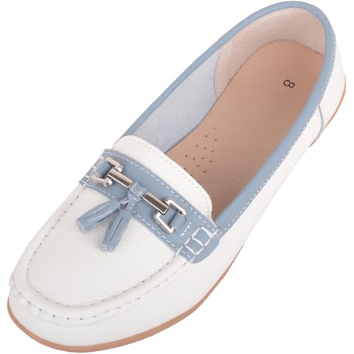 ABSOLUTE FOOTWEAR Womens Slip On Leather Loafer Deck Summer Shoes with Bar Tassel Trim - White/Baby Blue - UK 8