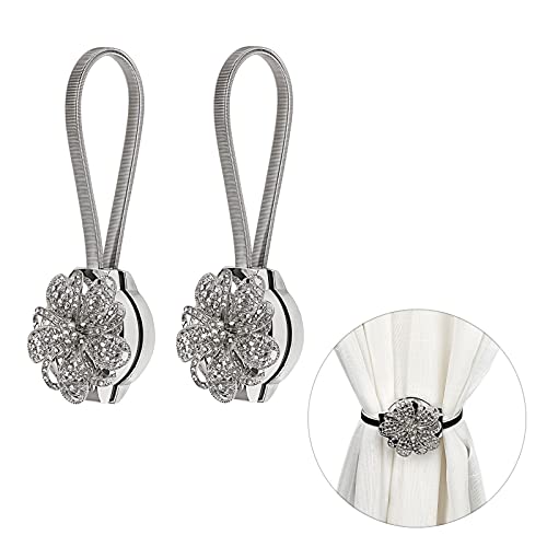 Sumnacon® 2 Packs Crystal Curtain Magnetic Tieback Flower Curtain Clips Buckle With Stretchy Wire Rope For Home Office Decoration (Silver) #TOP5