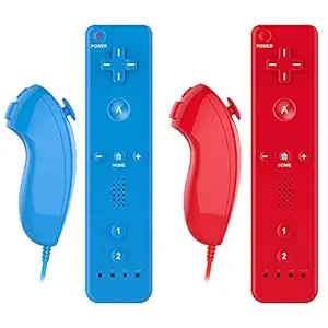 2 Pack Remote Controller Gesture Controller and Nunchuck Joystick Compatible for wii/wii u, Controller with Silicone Case and Wrist Strap - Blue&Red
