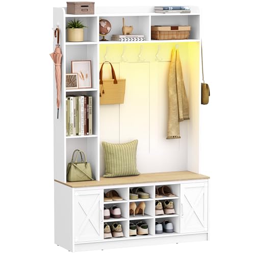 Hzuaneri Meuble d'Entrée avec Banc y LED, Porte-Manteau avec Banc à Chaussures, Vestiaire, 7 Crochets, Étagères Réglables, pour Entrée, Couloir, 40,3 x 120 x 191...
