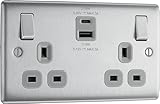 BG Electrical 22W Double Switched Wall Plug Socket with Fast Charge Type A & C USB Charging Ports, Nexus Metal, Brushed Steel, Grey Inserts, 13A, NBS22UAC22G