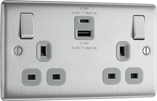 BG Electrical Double Switched Wall Plug Socket with Fast Charge Type A & C USB Charging Ports, Nexus Metal, Brushed Steel, Grey Inserts, 13A, 22W, NBS22UAC22G BG Electrical Double Switched Wall Plug Socket with Fast Charge Type A & C USB Charging Ports, Nexus Metal, Brushed Steel, Grey Inserts, 13A, 22W, NBS22UAC22G