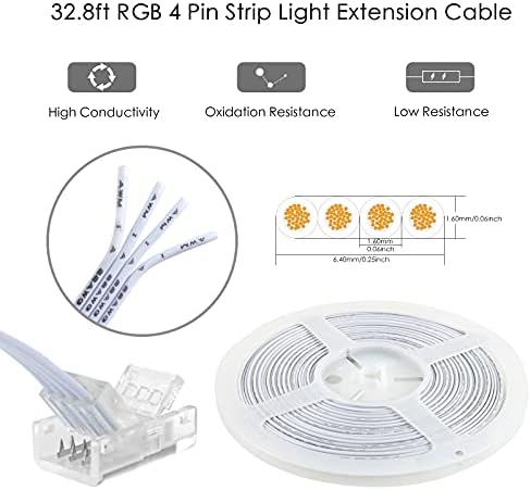 VIPMOON 32.8ft 4 Pin RGB Extension Cable Wire Cord, 10Pcs 4 Pin LED Strip Connectors for 10mm Wide Waterproof or Non-Waterproof 5050 3528 LED RGB Strip Light