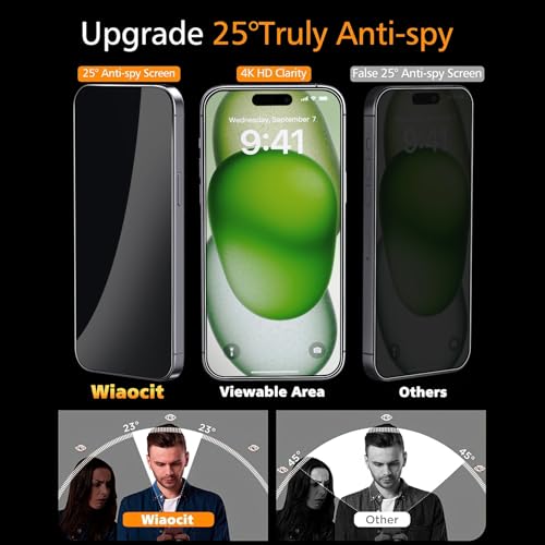 Image of Wiaocit 3 Pack Tempered Glass Privacy Screen Protector for iPhone 15 with 3 Pack Camera Lens Protector, 9H Hardness, Bubble Free, Case Friendly