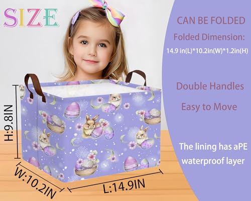 Image of Large Rectangular Easter Baskets Empty Waterproof Boy Toy Box Foldable Kid's Gifts Storage Bin Spring Room Decor(Purple Fireworks Rabbit Egg)