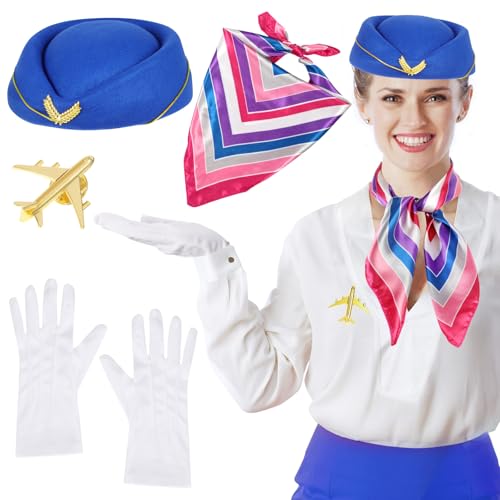 XEPST 4 UDS Disfraz de Azafata para Mujer - Conjunto de Accesorios para Disfraz de Azafata con Sombrero Bufanda Guantes Broche para Mujer Disfraces de Halloween Cosplay Carnaval Disfraces, Azul Real