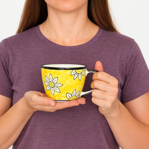 Image of KITTENS Ceramic Mug Set of 4 - 375ml | Yellow Floral Hand-Painted Design | Microwave & Dishwasher Safe | Food Grade | Tea, Coffee, Snacks | Ideal Gift for Home, Office & Festive Gifting