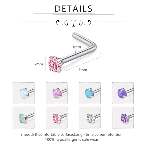 D.Bella 18G 20G 22G L Shaped Nose Studs Surgical Stainless Steel 1.5mm 2mm 2.5mm 3mm CZ Nose Rings For Women3