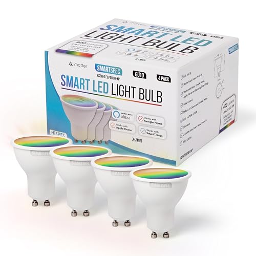 SMARTSPEC Smart Bulb 4 Pack Smart WiFi LED Light. Works with Amazon Alexa Google Home Apple Home. Colour Changeable. Multicolour Smart Light Bulb ACK Matter GU10