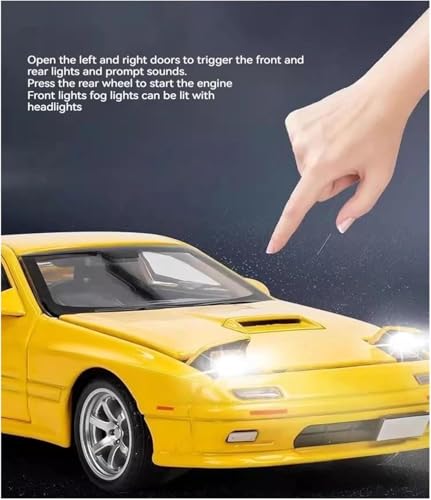 Image of 1:32 Mazda RX-7 Diecast Metal Car Model, Pull Back Toy Car with Openable Doors, Sound & Light Effects, Alloy Vehicle for Kids Boys Girls & Collectors (Yellow)