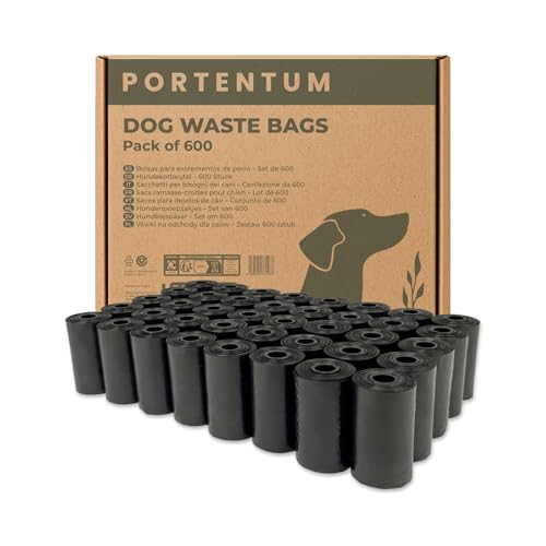PORTENTUM Sacchetti Igienici Cane, 600 Pezzi (40 Rotoli), Neri - Extra Resistenti, Antiperdita e di Facile Apertura, Sacchetti per Cacca di Cane in Materiale Riciclato e Senza Profumo
