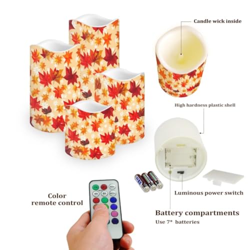 Image of Fall Flameless Candles Set of 4 | Flameless Candles with Remote Control, Flickering LED Candles with Timer for Thanksgiving Day Decorations, host gift