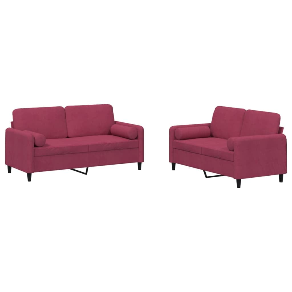 Juego de sofás con cojines en terciopelo rojo tinto para un salón sofisticado y elegante
