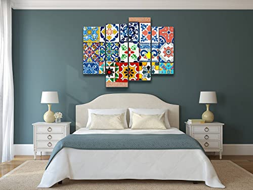 Talavera Handcrafted Mexican Ceramic Tile Pattern Canvas Wall Art Hanging Paintings Modern Artwork Abstract Picture Prints Home Decoration Gift Unique Designed Framed 4 Panel #TOP1