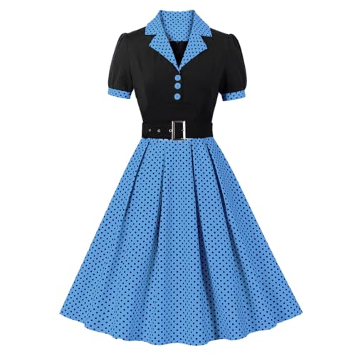 Image of ODIZLI Women's 1950s Retro Dress Short Sleeve Notched Lapel Polka Dot Stripe Swing Dress with Belt Cocktail Dress