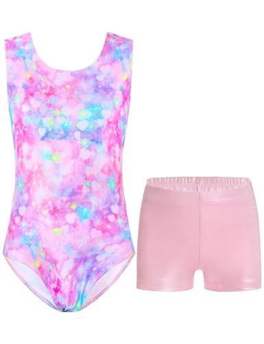 Nymphperi Girls Gymnastics Leotards 2 Piece Shiny Sleeveless Bodysuits with Sparkly Breathable Shorts Suit