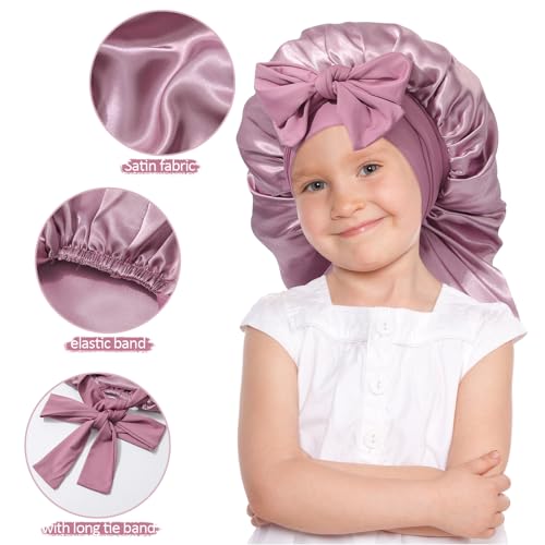 AWAYTR Long Toddler Silk Bonnet for Sleeping Elastic Satin Bonnets for Curly Hair Braid Night Cap for Aged 3-12 Kids (Rose Gold)3