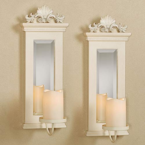 Acanthus Mirrored Wall Sconces Ivory Set Of Two - Beveled Mirror - Large Ornate Candle Holder Pair - Elegant Wall Decor For Bedroom, Dining, Living Room - Stately Decor #TOP1
