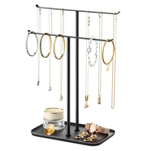 Schmuckständer in Schwarz, 2-stöckiger Schmuckbaum & Kettenhalter mit Tablett – Kettenständer zur Aufbewahrung von Halsketten, Armbändern, Ohrringen und Ringen, ideal für Schminktisch oder Kommode