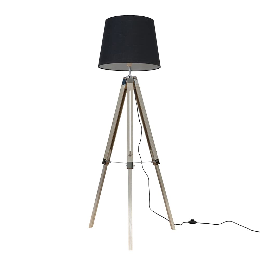 MiniSun | Modern Distressed Wood and Silver Chrome Tripod Floor Lamp with a Black Tapered Light Shade | Floor Lamps & Torchieres, Home Décor & Improvement Essential | Includes Bulb [3000K Warm White]