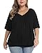 andy & natalie Women's Plus Size Tops Pleated V Neck Loose Baggy Blouse T Shirts Black